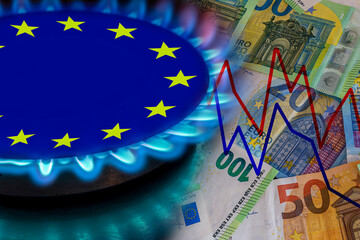 europe flag and hob burner of blue gas with euro cash banknotes on background, cost of gas, the euro crisis, sancions on russian gas, hob with blue gas flame and euro sign