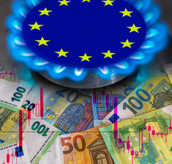europe flag and hob burner of blue gas with euro cash banknotes on background, cost of gas, the...