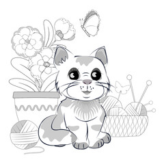 Cute happy little cat for coloring book page. Balls of yarn, flowers in a flower pot, knitting needles, butterfly. Vector illustration.