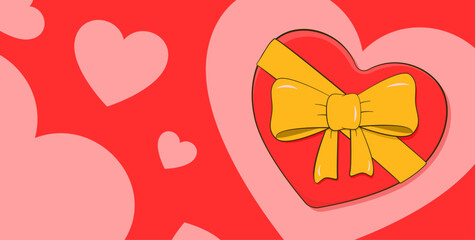 Gift box in shape of the heart and background with hearts. Design for valentine's day, birthday, wedding, engagement etc. Vector illustration