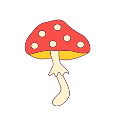 60s and 70s style groovy amanita. Hand drawn vintage poisonous mushroom. Retro decor.