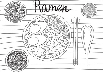 Vector asian traditional dish ramen top view. Hand drawn ramen dish table view sketch