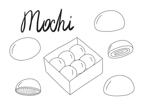 Hand drawn doode mochi vector set. Traditional Japanese dessert set