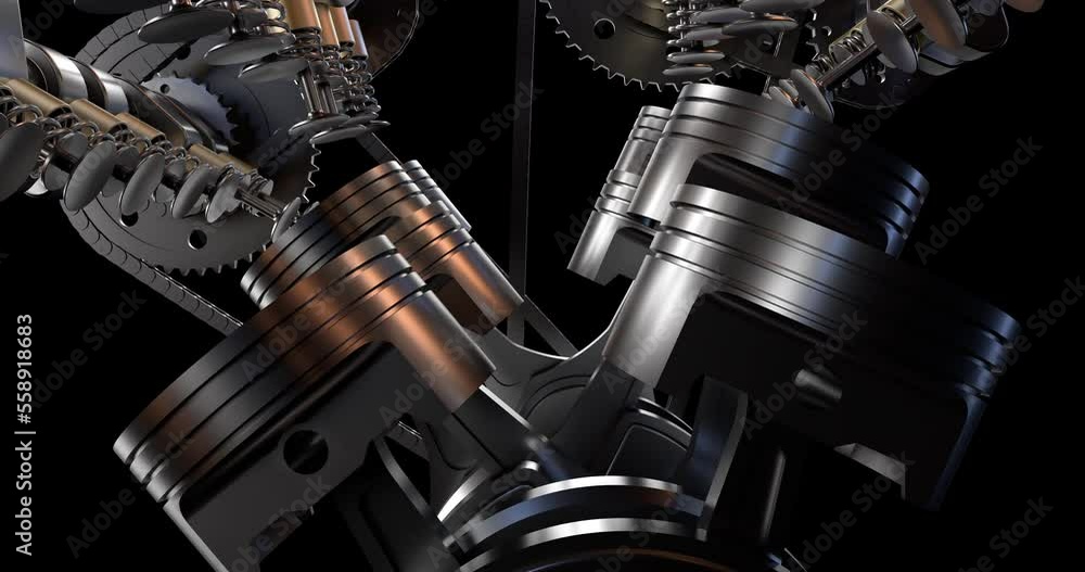 Poster Power hungry V8 3D sport car engine working at high speed. Camera moving around. Perfect loop with luma channel.