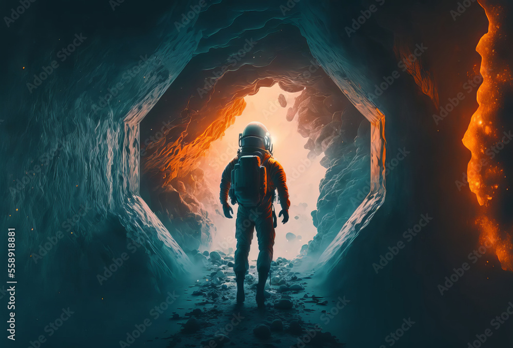 Wall mural an astronaut space explorer walking through a tunnel towards outer space. generative ai