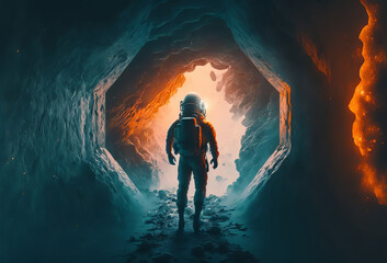 Fototapeta premium An astronaut space explorer walking through a tunnel towards outer space. Generative ai