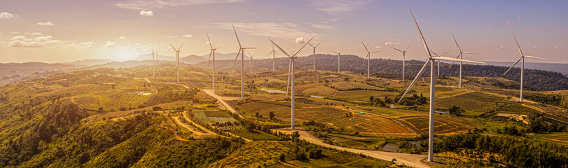 wind turbines in a field, wind turbine farm sundown, Wind Power Turbines in a rural area, Tracking...
