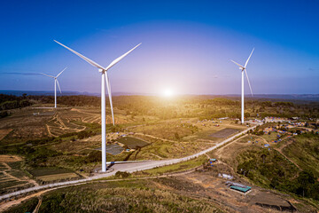 wind turbines in a field, wind turbine farm sundown, Wind Power Turbines in a rural area, Tracking shot of energy producing wind turbines in Oregon.