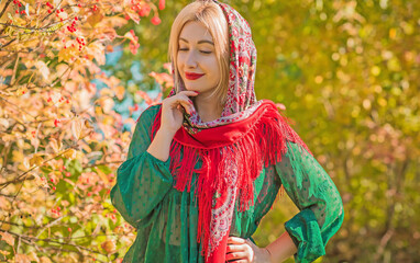 Obraz na płótnie Canvas Ethno clothes style for ladies, Boho mix fashionable details. Ukrainian, Slavic nice lady