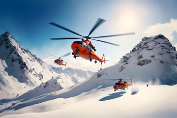 Fototapeta na wymiar Three mountain rescue helicopters taking off, Generative AI
