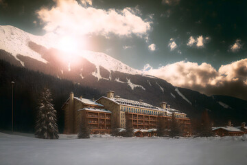 Luxury winter resort, sun is setting over the mountains, Generative AI