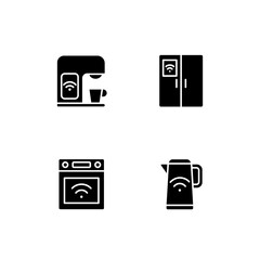 Smart kitchen appliances black glyph icons set on white space. Devices for meal preparation. Smart home technology. Silhouette symbols. Solid pictogram pack. Vector isolated illustration