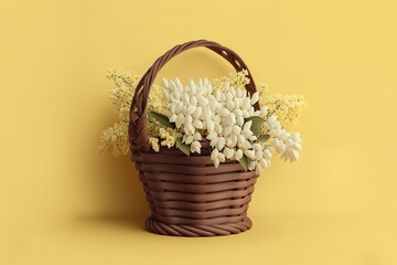 Wooden Basket With White Flowers Generative AI
