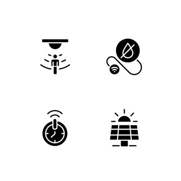 Smart home technologies black glyph icons set on white space. Automated devices. Wireless control. Silhouette symbols. Solid pictogram pack. Vector isolated illustration