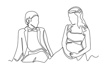 Single one line drawing Little boy and Girl in wedding dresses sitting together. Wedding Concept. Continuous line draw design graphic vector illustration.