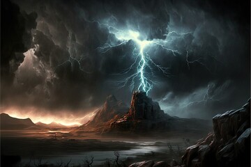 a dark and stormy landscape with a mountain and a lightning bolt in the sky above it.