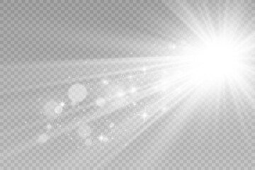 Special lens flash, light effect. The flash flashes rays and searchlight. illust.White glowing light. Beautiful star Light from the rays. The sun is backlit. Bright beautiful star. Sunlight. Glare.	
