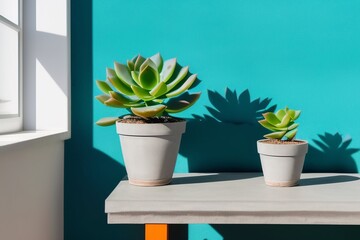 Two potted small succulent houseplants sit on a concrete surface in front of a blue backdrop