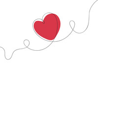 Valentines day card concept, one line art with red heart and black line