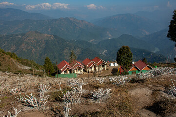 Few beautiful wooden cottages at Ahaldhara View Point, Kurseong, West Bengal, India.