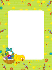 cartoon scene with easter chicken with egg basket frame isolated illustration for children