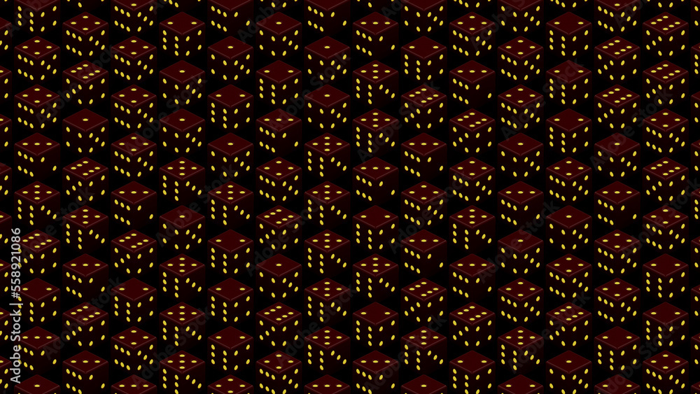 Poster many dark red and yellow gaming dices backdrop - abstract 3d rendering