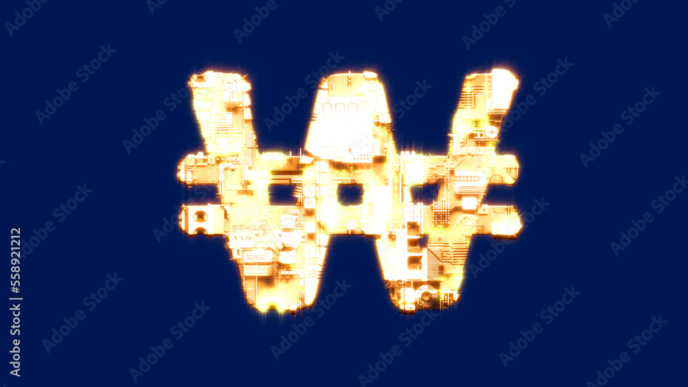 Poster won sign, technologic blazing orange cyberpunk font on chroma key screen, isolated - object 3d illus