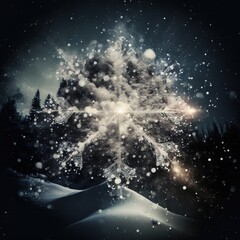 a snowflake is shown in the middle of a dark sky with trees in the background and snow flakes on the ground and snow flakes on the ground.