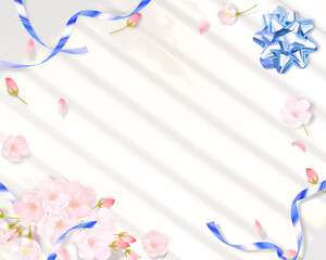 薄いピンク色のかわいい桜と水色のリボン飾りー光と影の美しいフレーム背景素材