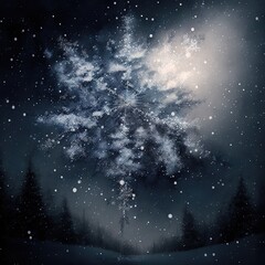 a painting of a snow covered tree in the night sky with a full moon in the background and snow flakes on the ground and trees in the foreground.