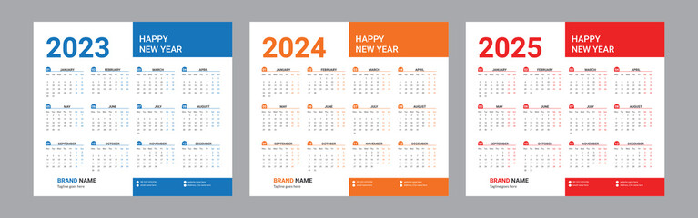 Calendar 2023, calendar 2024, 2025 week start Monday corporate set design template vector file.