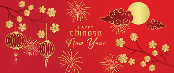 Happy Chinese new year luxury style pattern background vector. Golden oriental lantern, flowers, firework and cloud chinese pattern on red background. Design illustration for wallpaper, card, poster.