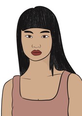 Illustration d’un portait vu de face d’une belle femme asiatique aux cheveux brun et long. Dessin réaliste en couleur. 