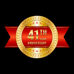 41th Anniversary. Anniversary logo design with gold color text and red ribbon for anniversary celebration event. Logo Vector Illustration