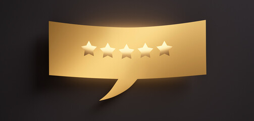 Golden speech bubble with five stars in front of a dark colored wall - 3D illustration