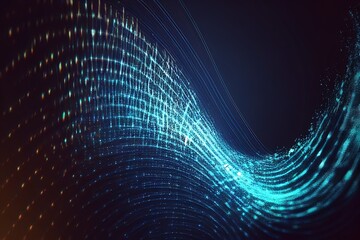 Sound wave lines trails flowing dynamic in blue color isolated on black background. Abstract futuristic background, science, digital and communication concept. Event flayer. Generative ai illustration