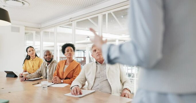 Business people, speaker hand or office presentation for marketing education, advertising learning or teamwork collaboration workshop. Mentor, training leadership or conference meeting for innovation