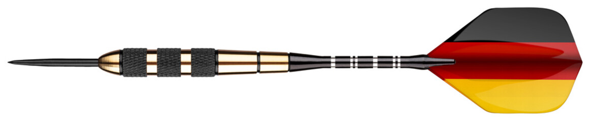 Perfect professional steel dart with great german flag flight and golden bronze barrel shaft isolated white background. Darts germany sport precisson competition concept