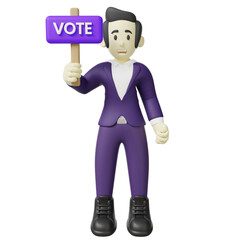 3d illustration of man holding vote sign. Businessman doing voting campagn