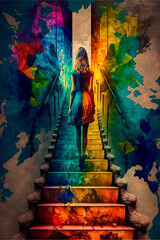 Girl climbing stairs, psychedelic colors, finding herself. High quality illustration