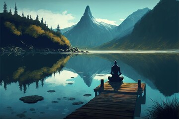 a person sitting on a dock in front of a mountain lake with a mountain range in the background and a lake below it with a dock and a person sitting on it.