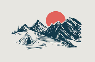Camping, Mountain landscape, sketch style, vector illustrations.