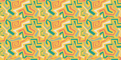 Fototapeta premium Green and orange angular graffiti elements, like a labyrinth. For prints and seamless surfaces of textiles, packaging, wallpapers.