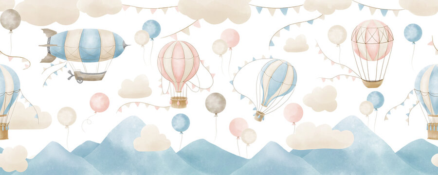 Fototapeta Baby Wallpaper with Hot Air Balloons and clouds. Hand drawn watercolor seamless Pattern for children. Illustration in delicate blue and pink Pastel colors. Background for boy or girl room design