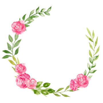 Watercolor Floral Wreath with Rose pink Flowers and green leaves. Hand drawn Round Frame for greeting cards or wedding invitations. Illustration on isolated background. Botanical drawing with plants