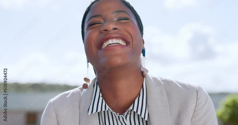 Sticker Face, funny or business woman on rooftop laughing at joke or relaxing in Kenya with career goals or mission. Happy, black woman or portrait of African employee on break with positive mindset to relax