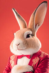 Obraz na płótnie Canvas Portrait rabbit wearing chinese dress. Generative AI.
