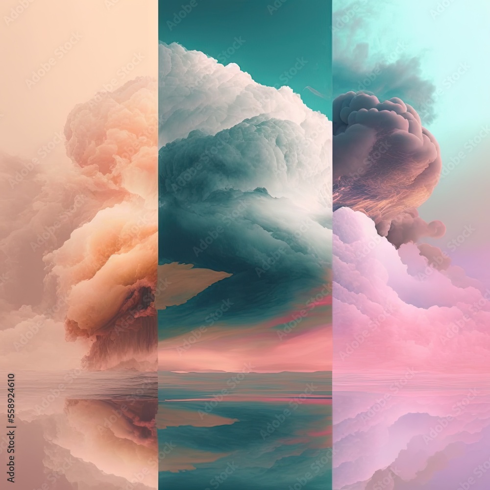 Wall mural a series of four images with different clouds in the sky and water below them.
