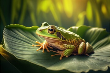Obraz premium Green frog on lotus leaf. Generative AI