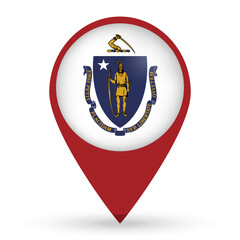 Massachusetts state map pointer with shadow on white background. Vector illustration.
